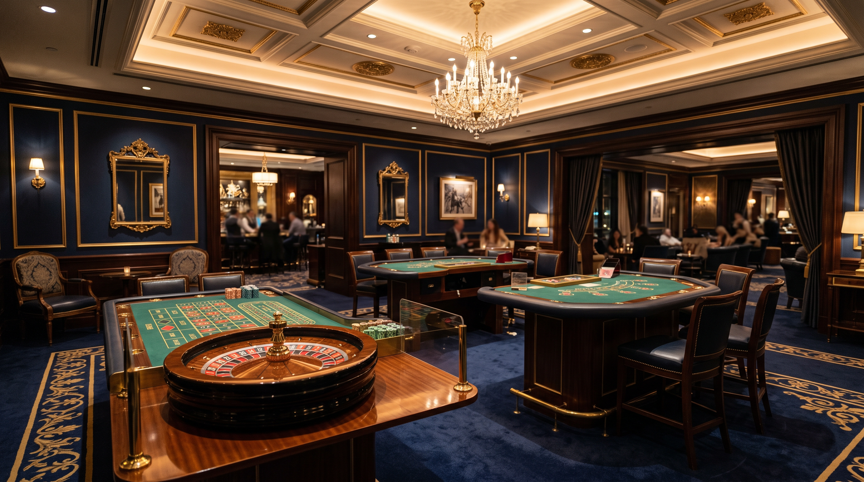 Elegant casino gaming lounge with roulette and card tables at The Kingsgate Hotel