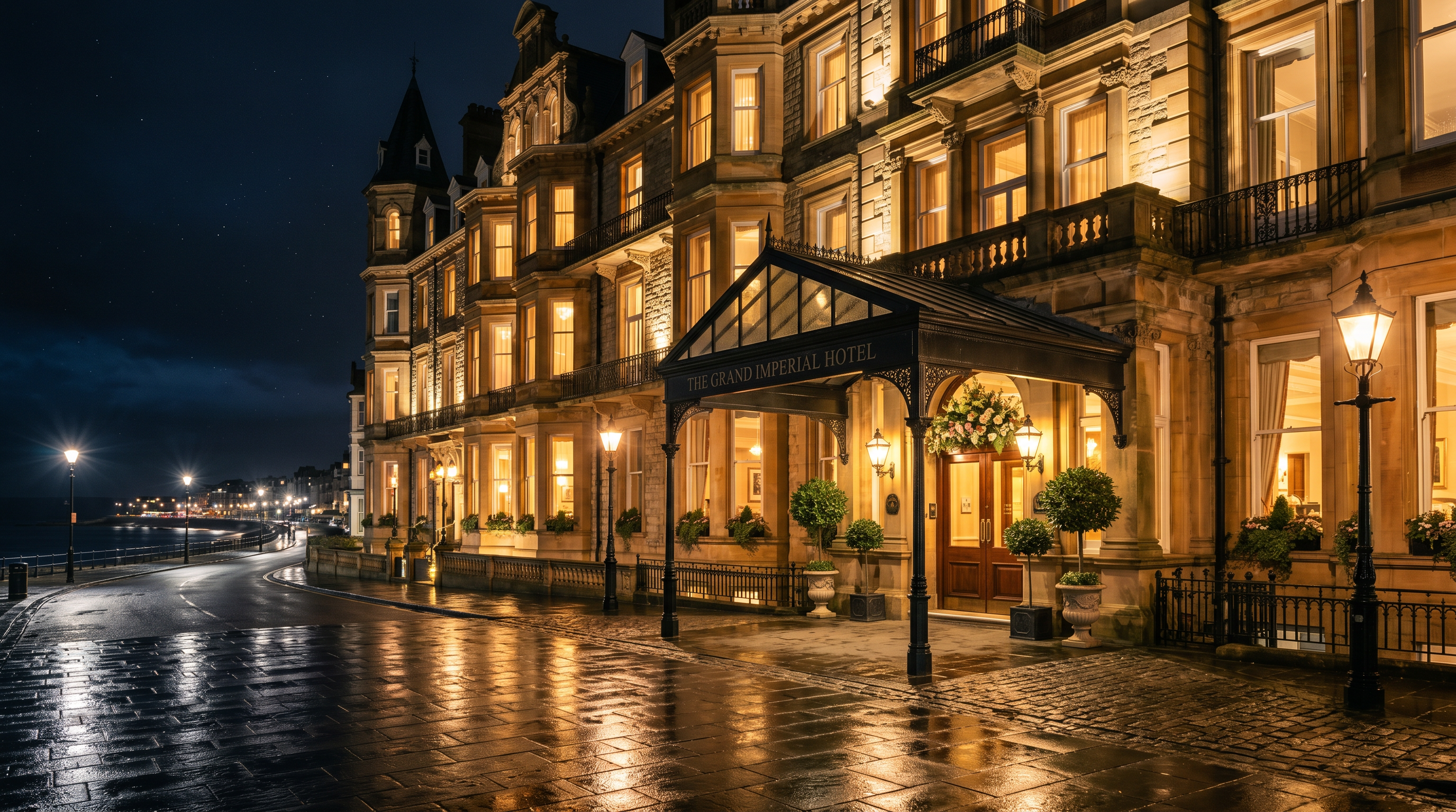 Exterior facade of The Kingsgate Hotel & Casino at night