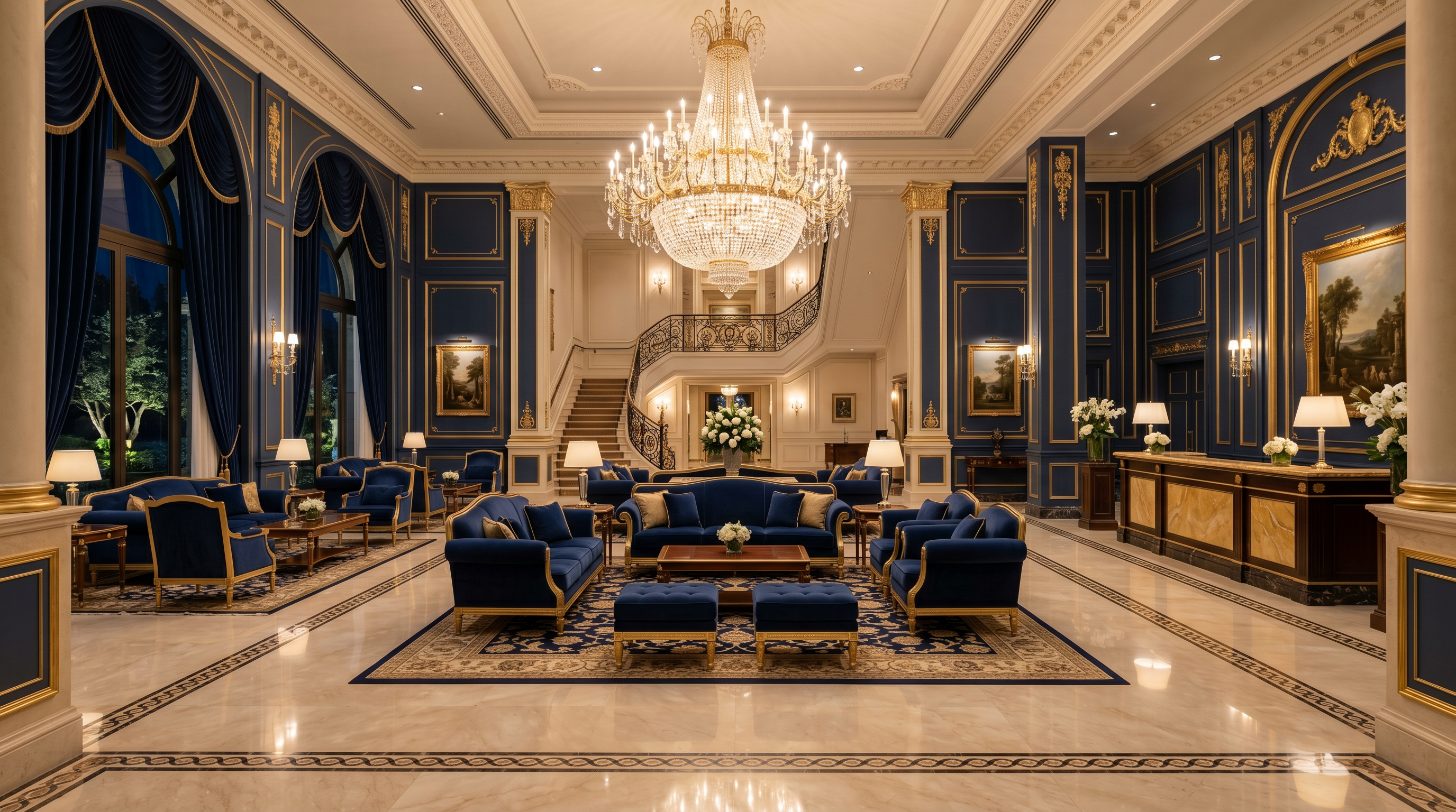 Grand marble lobby of The Kingsgate Hotel & Casino with chandelier lighting