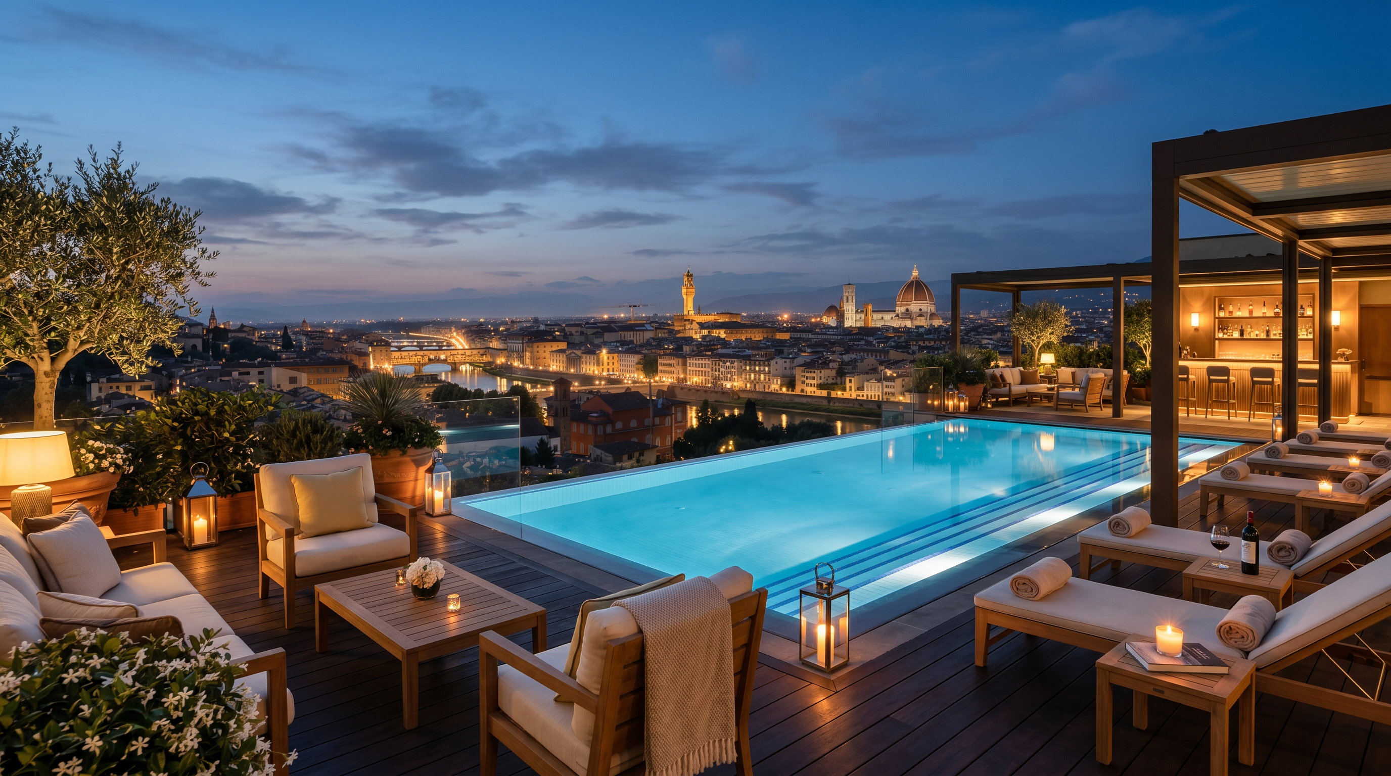 Rooftop terrace lounge with evening lighting at The Kingsgate Hotel