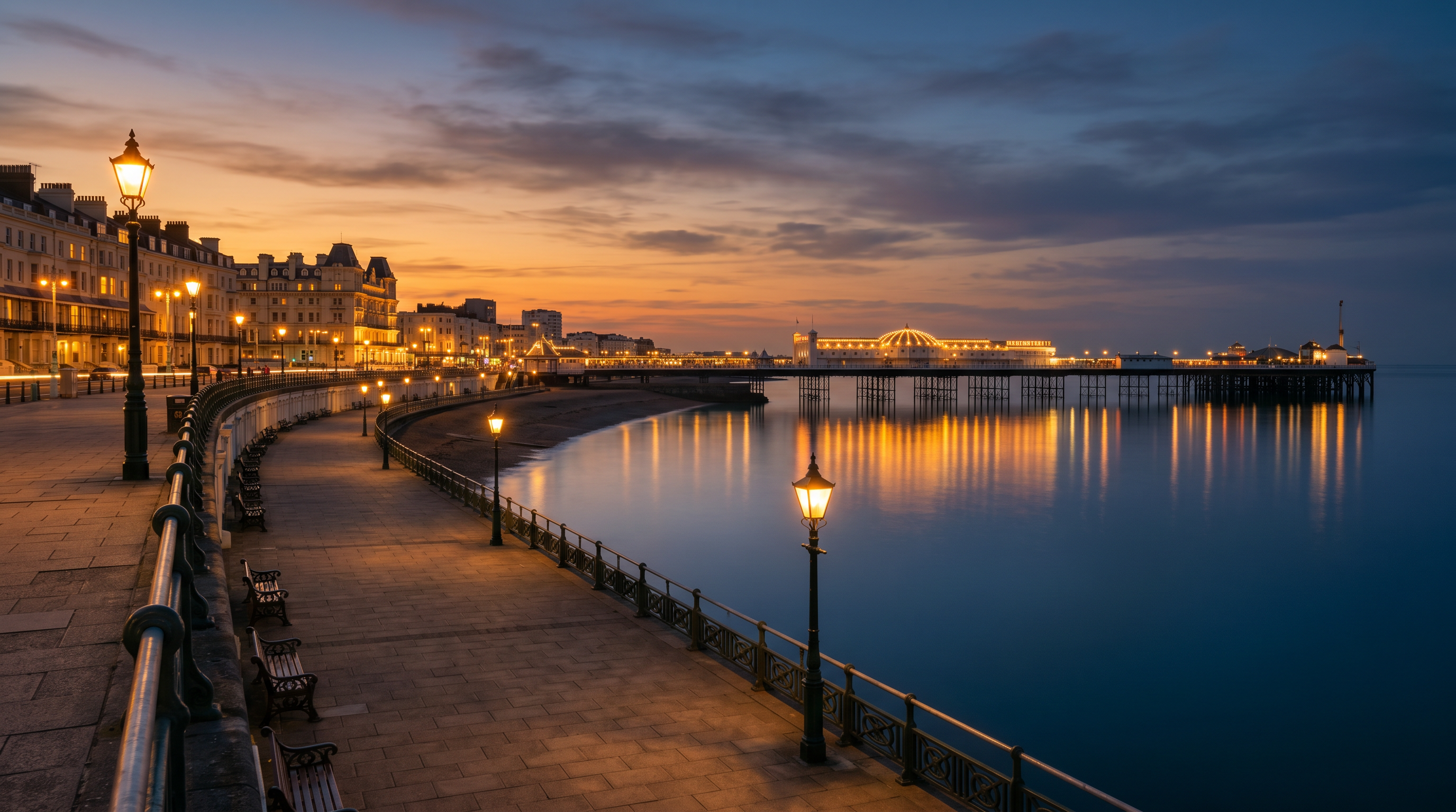 Brighton seafront promenade and pier at dusk near The Kingsgate Hotel