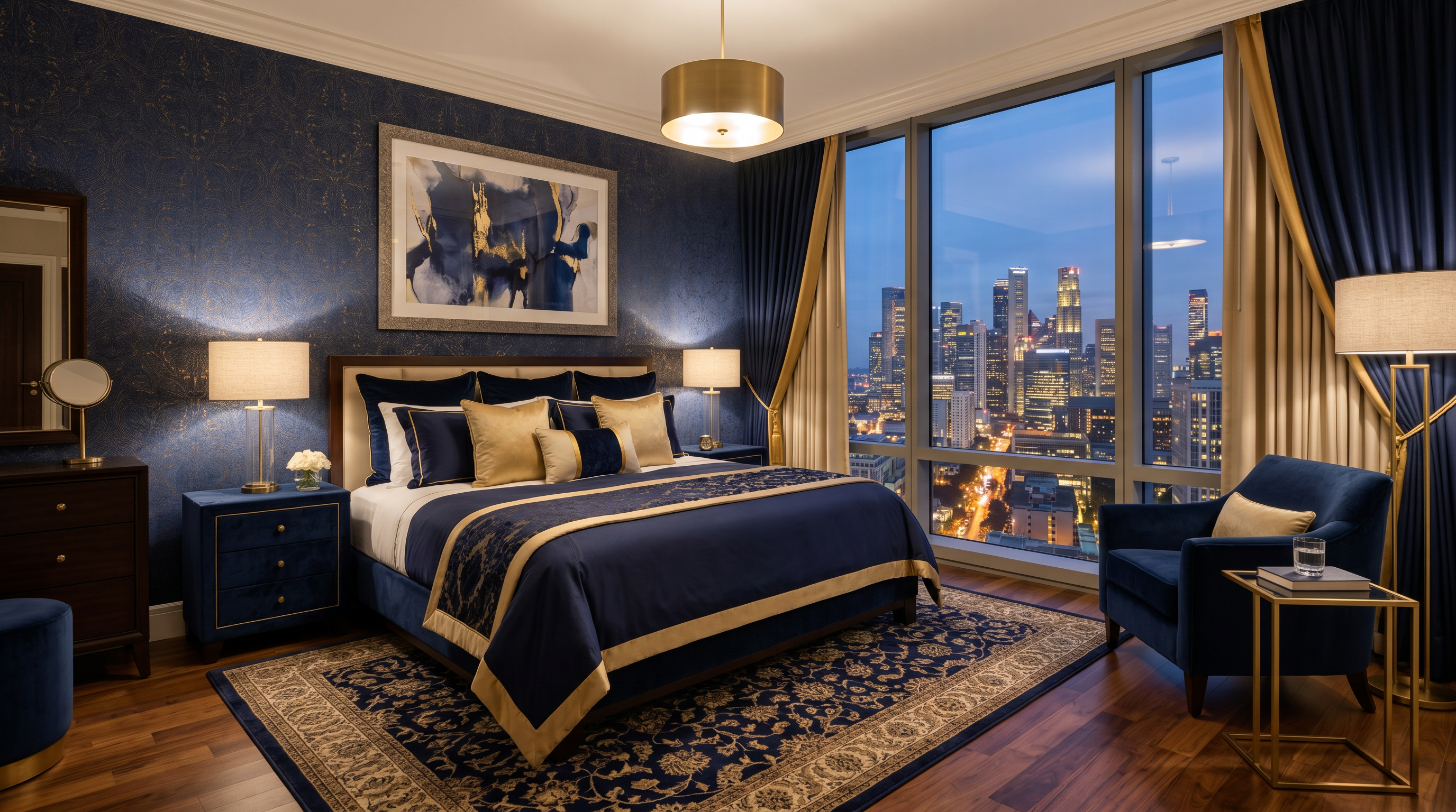 Elegant suite bedroom with navy and gold interior at The Kingsgate Hotel